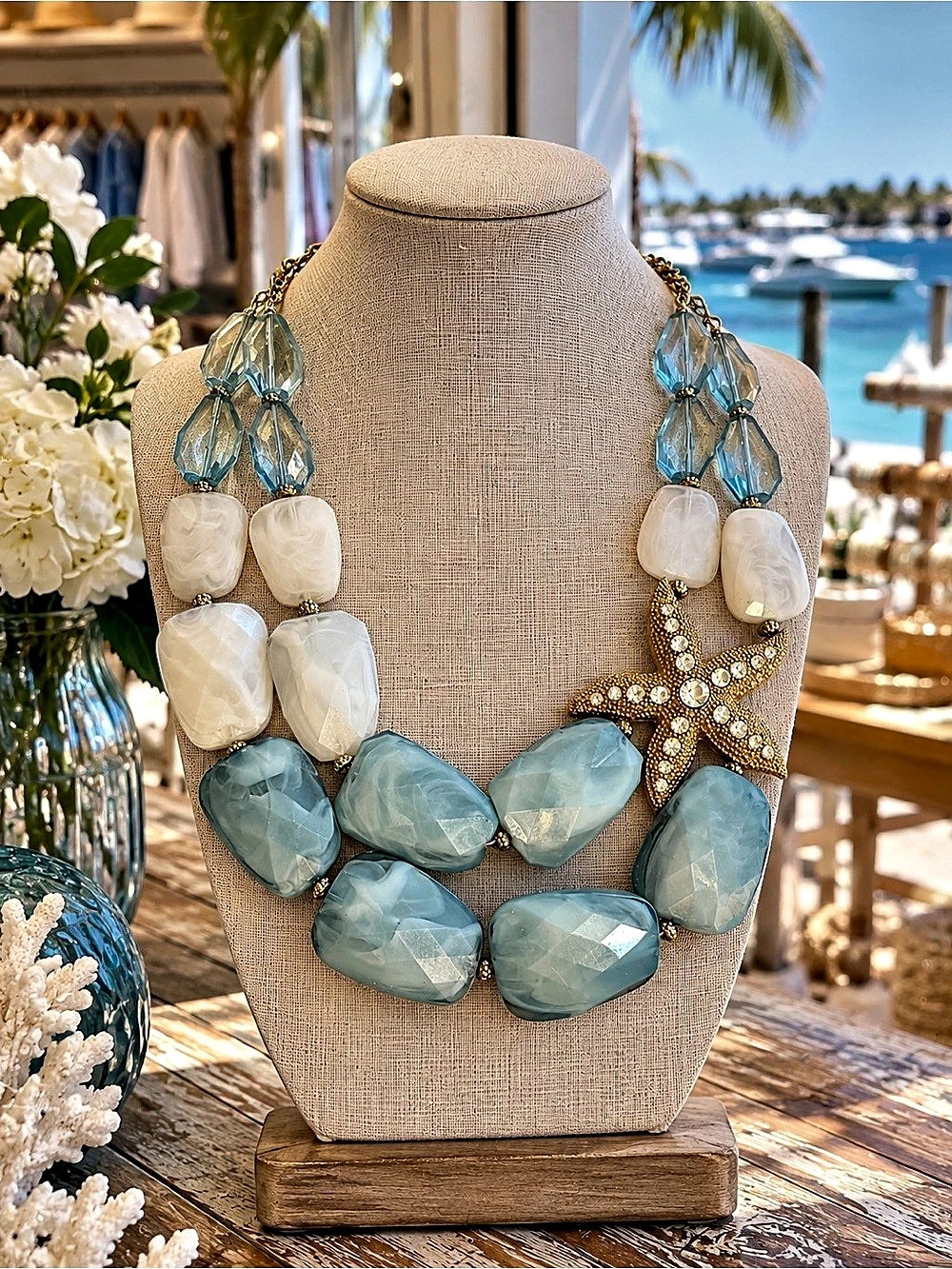 Aqua Blue & White Starfish Statement Necklace Gold Accent Chain